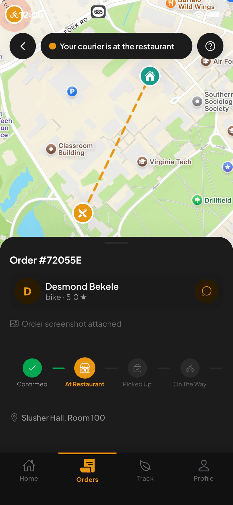 Stork app order tracking with live courier location on Virginia Tech campus