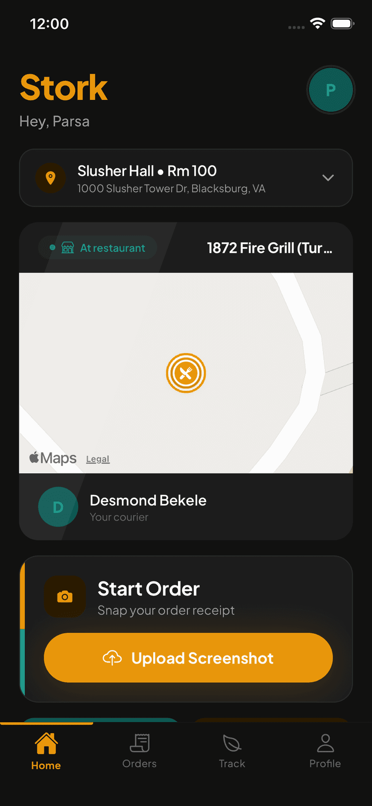 Stork app home screen showing active delivery from 1872 Fire Grill